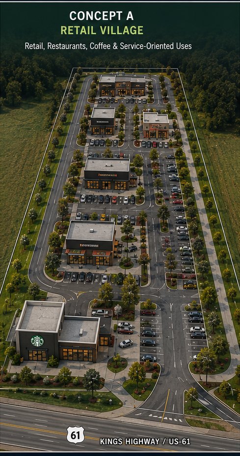 Concept A rendering: retail village with restaurants, coffee, and service businesses