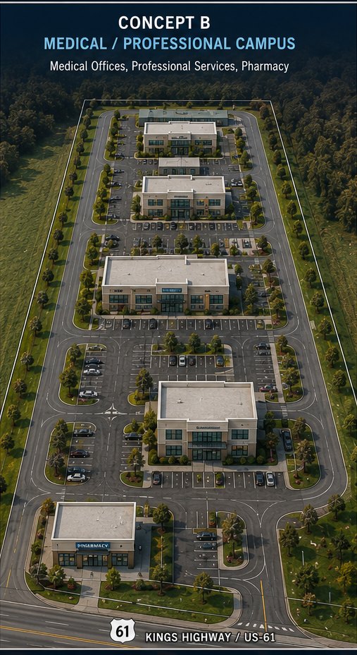 Concept B rendering: medical and professional office campus with pharmacy