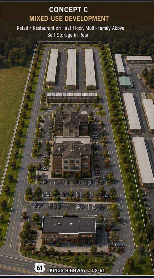 Concept C rendering: mixed-use with retail below, residences above, and storage in the rear